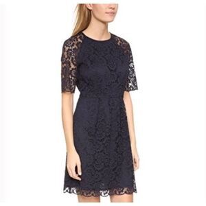 Madewell‎ Magnolia Lace Empire Waist Dress Navy Blue Short Sleeve Size 0 Silk